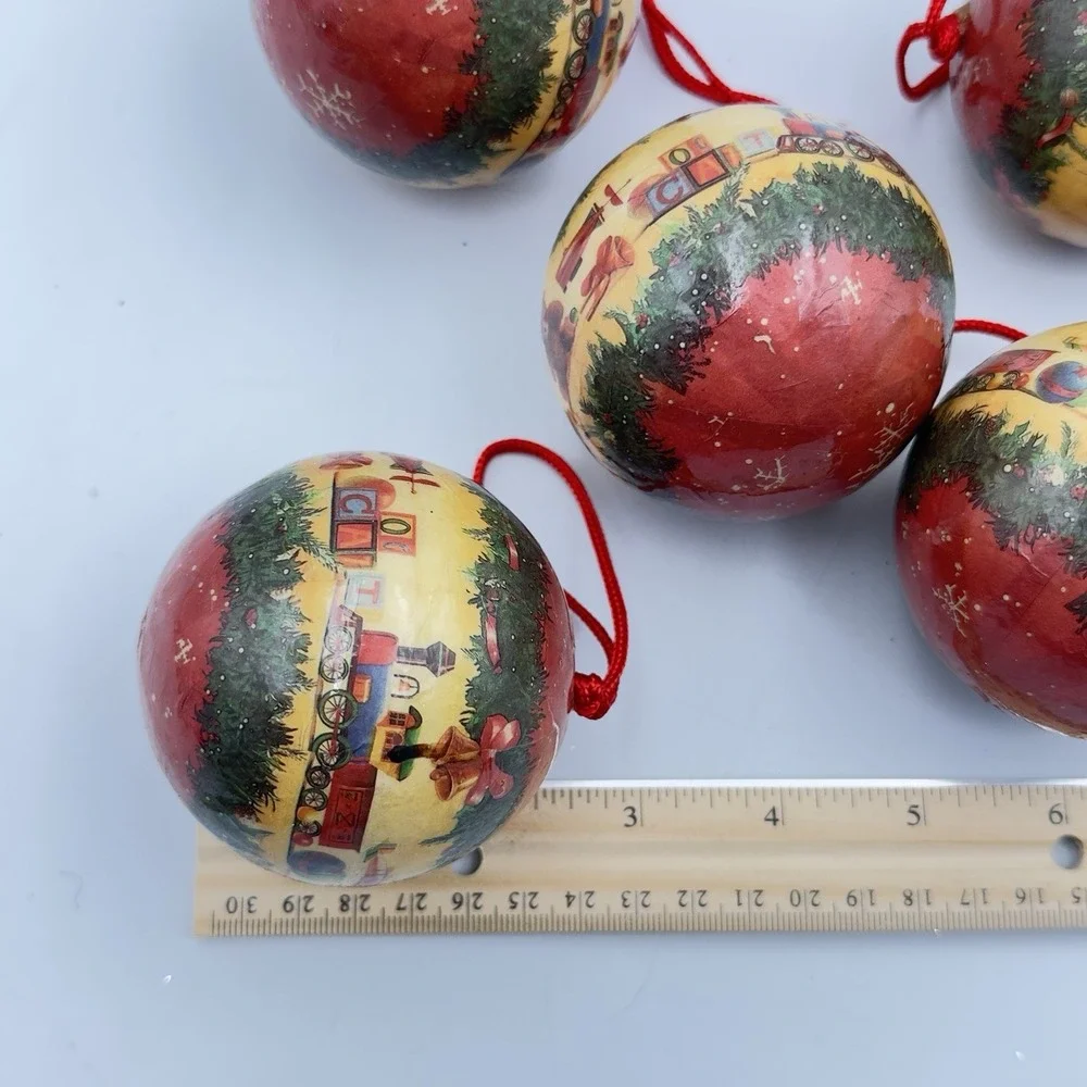 Vintage Christmas Ornament Set of 5 Paper Mache Childrens Train Blocks Red‎ Gold